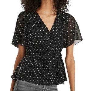 Madewell Women’s Black Swiss Dot Wrap Flutter Sleeve Peplum‎ Top Sz XXS